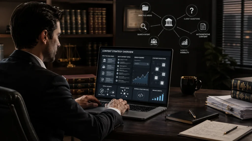 Law firm content marketing strategy showing an attorney using SEO content planning to build topical authority and online visibility