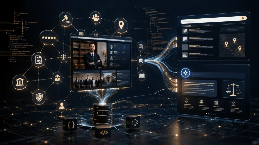Law firm website content connected through schema markup, legal knowledge graphs, SEO signals and AI search answer engines