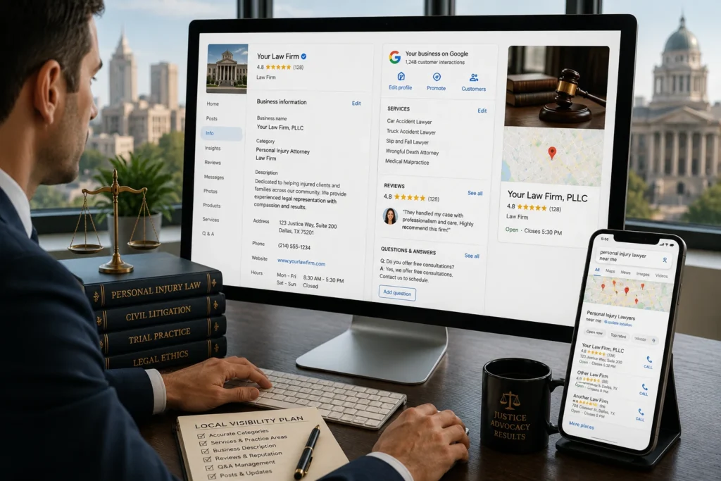 Law firm Google Business Profile optimization showing practice areas, services, reviews, and local search visibility