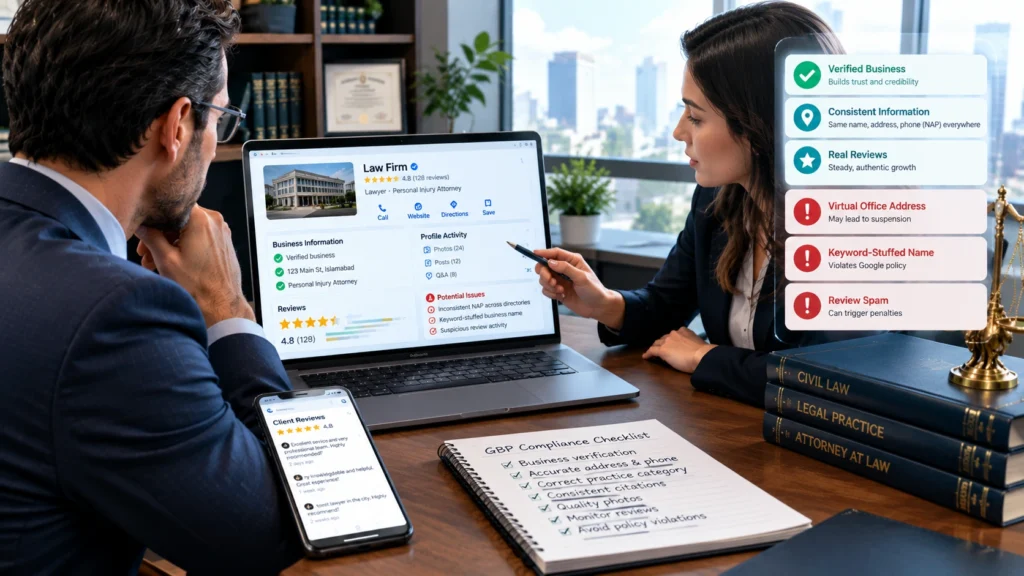 Law firm Google Business Profile optimization showing reviews, business information, and local SEO compliance