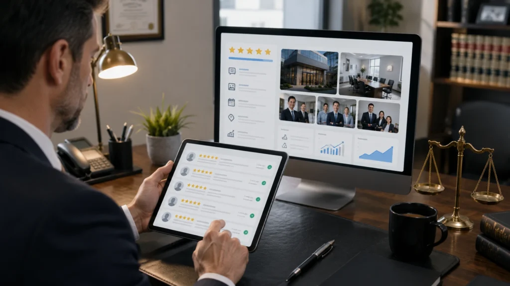 Law firm Google Business Profile showing recent client reviews, business photos, profile activity, and reputation signals