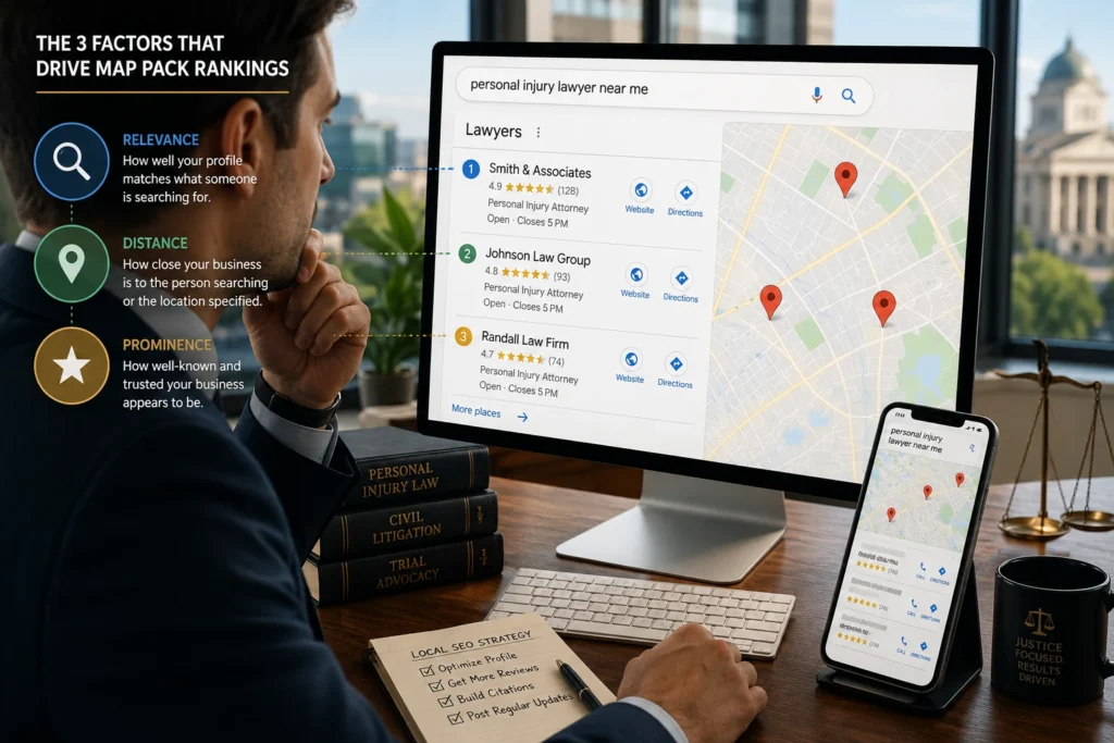 Law firm Google Maps three-pack optimization showing relevance, distance, and prominence ranking factors