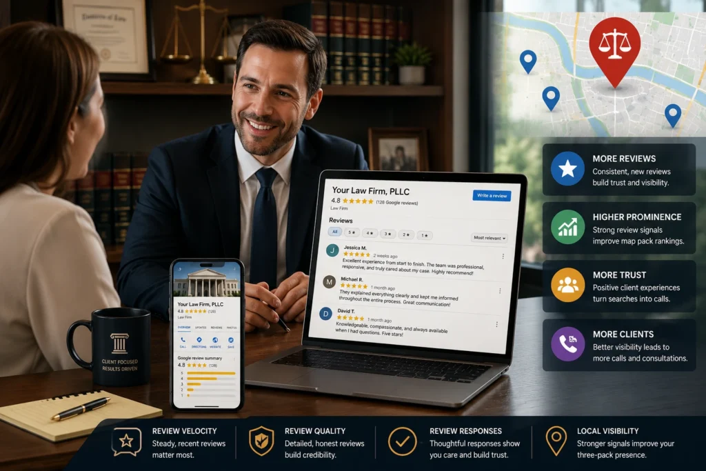 Law firm Google reviews and local prominence optimization showing client reviews, reputation, and map pack visibility