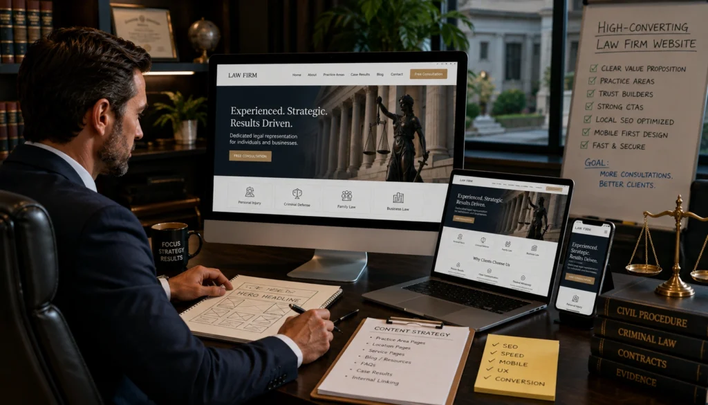 Attorney planning law firm website strategy for local SEO, Google Business Profile optimization, and AI search visibility