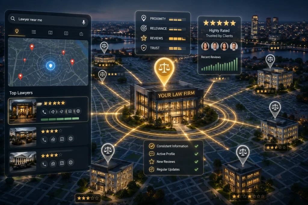 Law firm local SEO strategy showing Google Business Profile, map pack rankings, proximity, relevance, reviews, and local search visibility