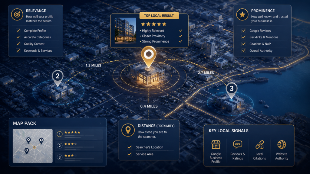 3D city map showing law firm locations ranked in the Google map pack based on relevance, distance, prominence, reviews, citations, and website authority