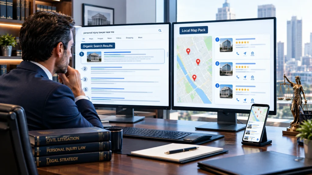 Law firm Map Pack ranking compared with organic SEO search results on dual computer screens