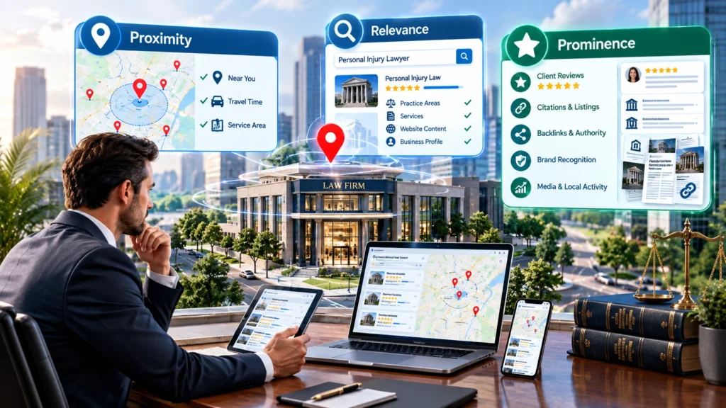 Law firm Map Pack ranking factors showing proximity, relevance, and prominence for local SEO