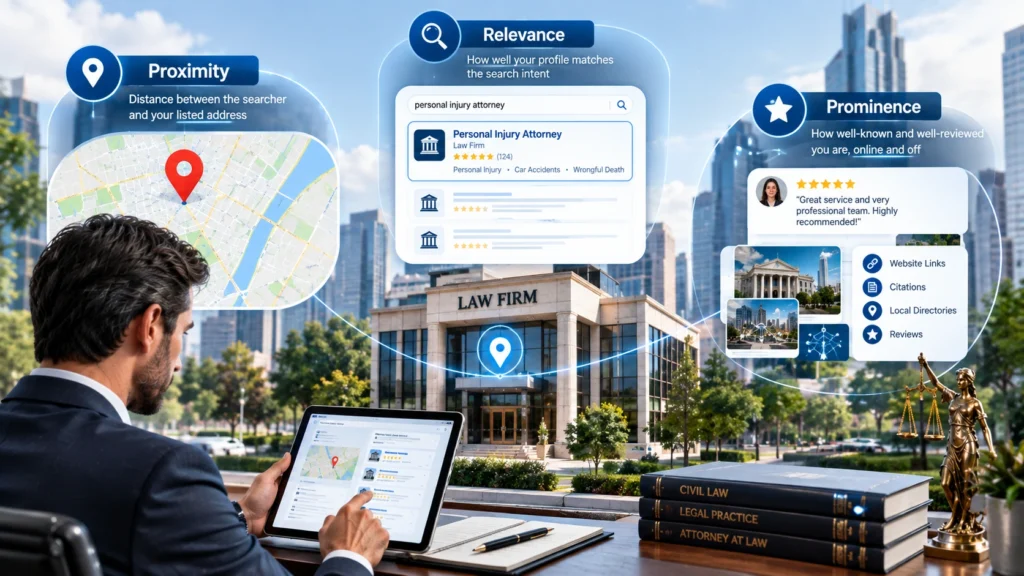 Law firm Map Pack ranking factors showing proximity, relevance and prominence for local SEO
