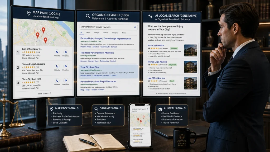 Law firm search strategy comparing Map Pack rankings, organic SEO results, and AI local search visibility