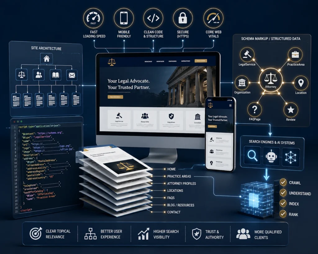 Law firm SEO strategy showing AI search, schema markup, site architecture, Core Web Vitals, and search visibility