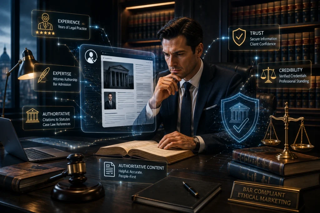 Law firm SEO strategy showing attorney expertise, legal authority, credibility, trust, and ethical marketing compliance