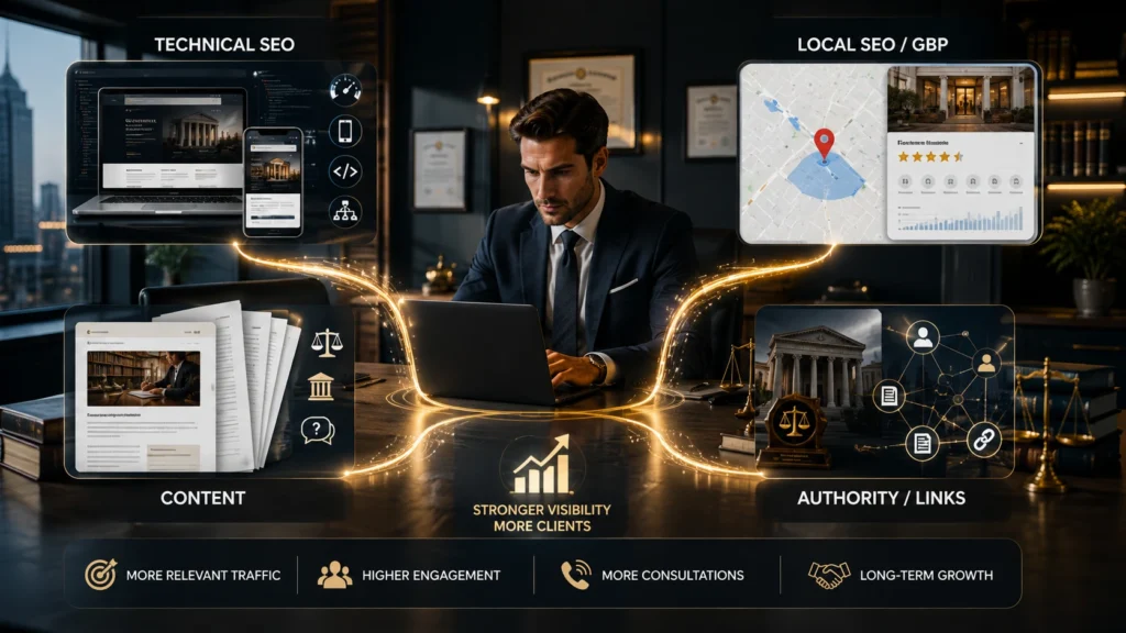 Law firm SEO strategy showing technical SEO, local SEO and Google Business Profile, legal content, and authority-building links