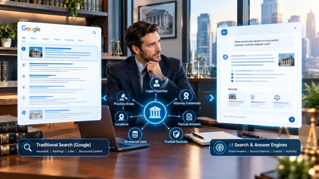 Law firm SEO strategy comparing traditional Google search with AI-powered search and answer engines
