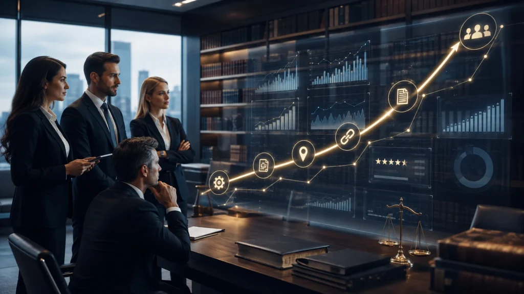 Attorney and legal team reviewing SEO growth, search visibility, backlinks, reviews, and qualified leads on a digital analytics dashboard