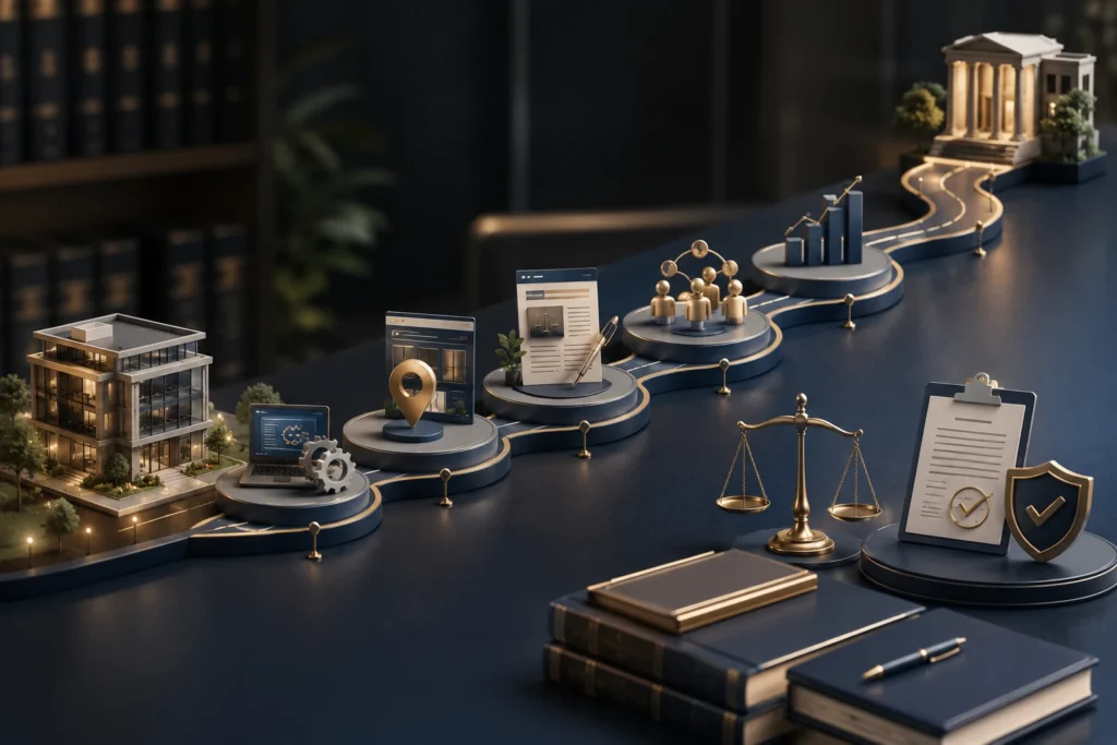 Law firm SEO timeline showing gradual search visibility growth, technical optimization, compliance, authority building, and long-term rankings
