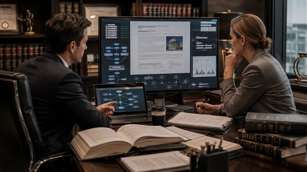 Attorney and SEO specialist reviewing technical SEO, schema markup, website architecture, and legal content compliance