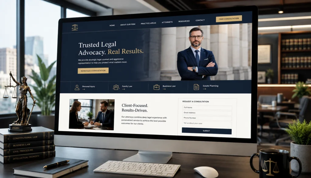 Professional law firm web development website displayed on a desktop computer in a modern legal office
