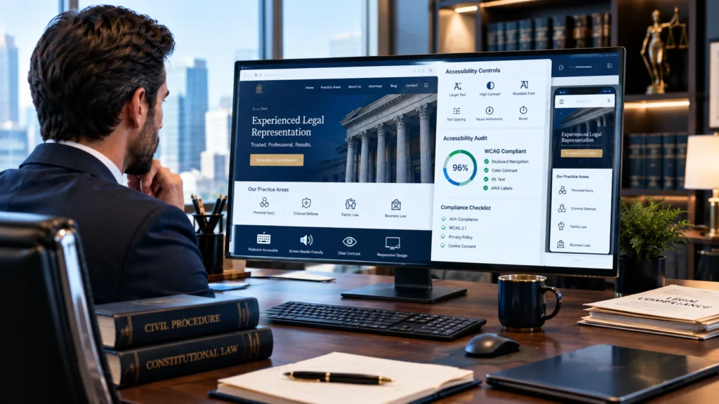 Attorney reviewing a law firm website with accessibility controls, WCAG compliance checks, keyboard navigation, color contrast, readable text, and responsive mobile design on a computer monitor.