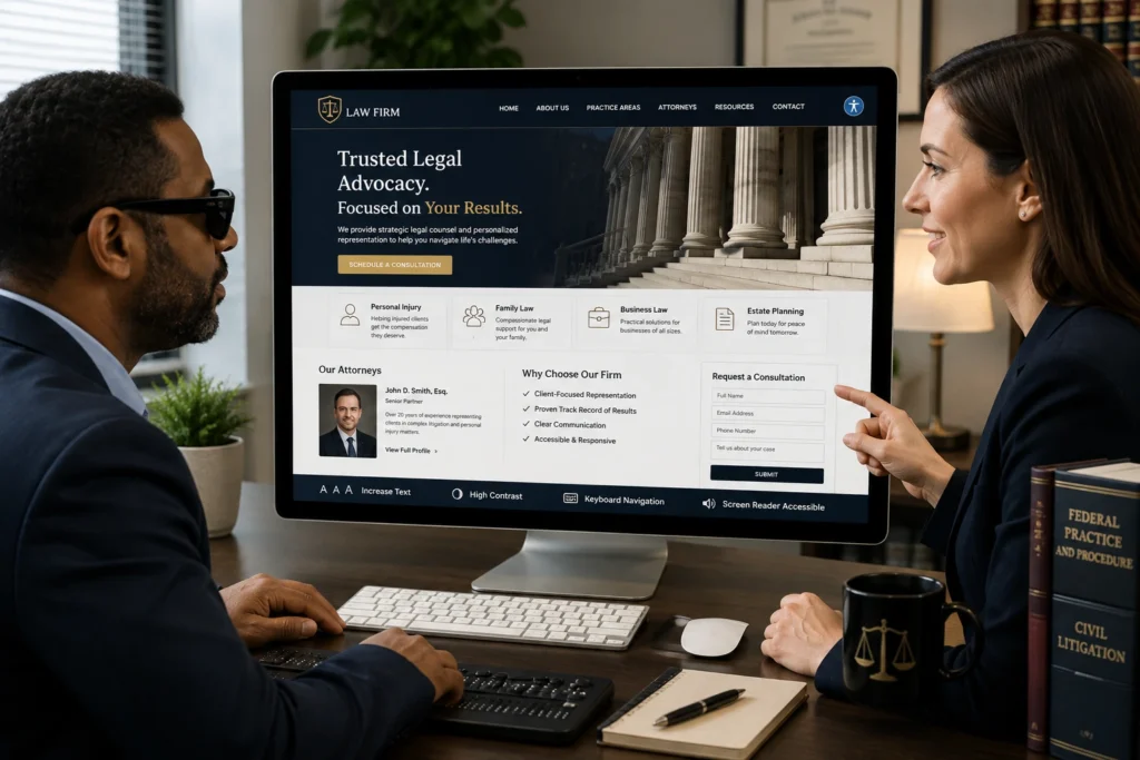 Accessible law firm website with attorney information, consultation form, keyboard navigation, and screen reader features