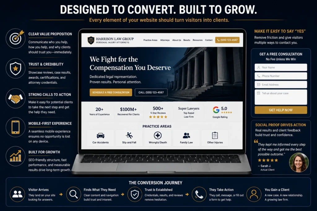 Responsive law firm website design displayed on a laptop and smartphone