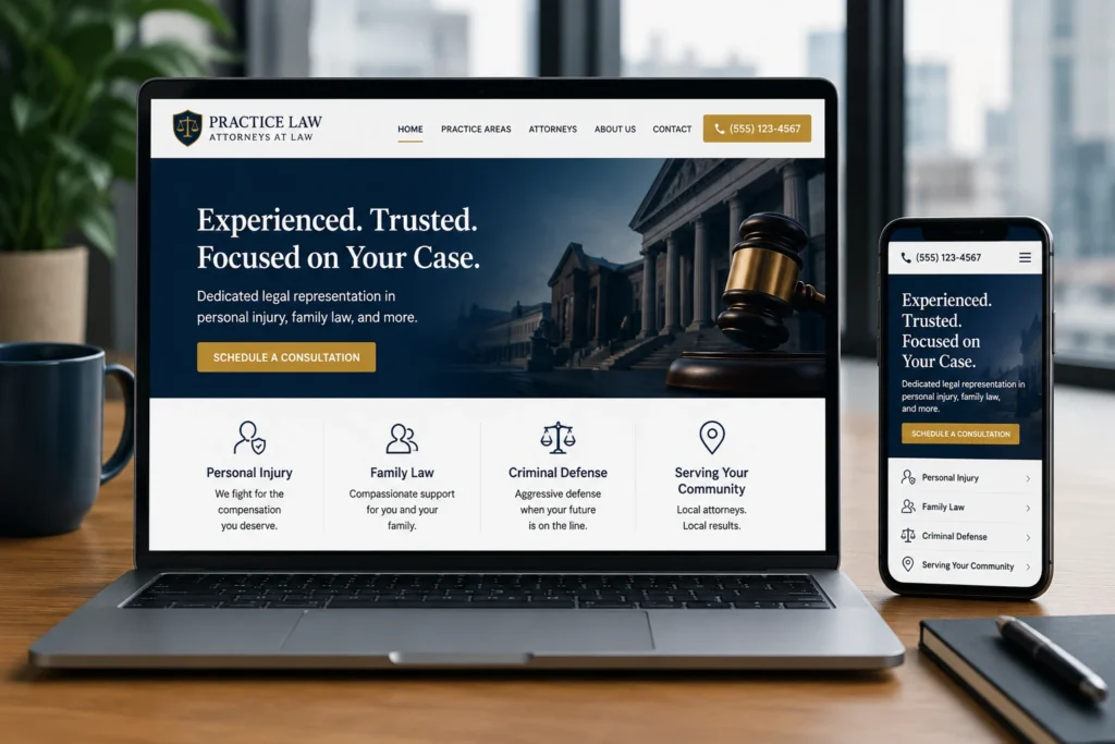 Responsive law firm website design displayed on a laptop and smartphone