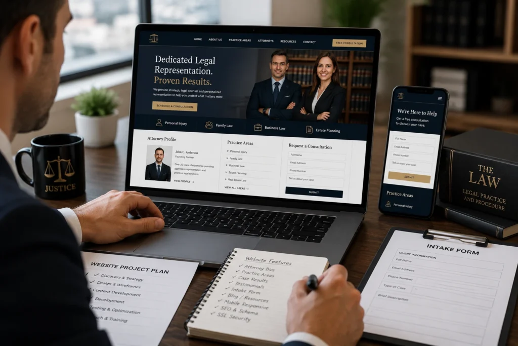 Law firm website development shown on a laptop and smartphone with attorney profiles, practice areas, and client intake form