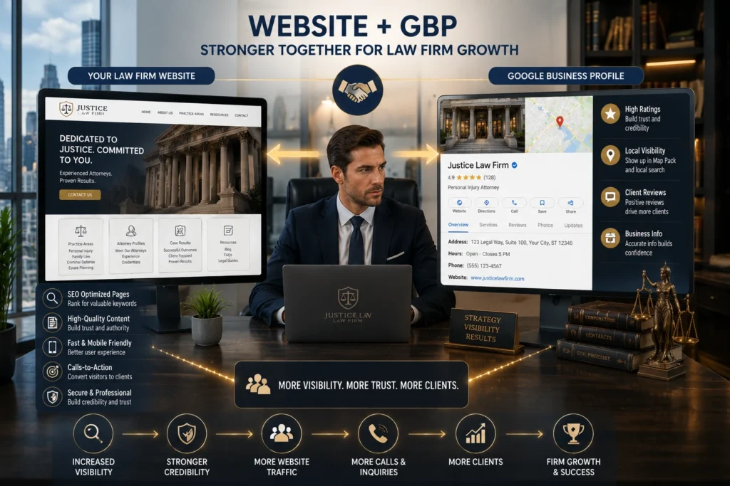 Law firm SEO strategy showing a professional website and Google Business Profile working together to increase local visibility, trust, and clients