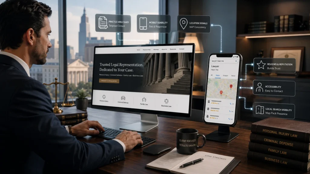 Law firm website supporting Google Maps and local search visibility through local SEO signals