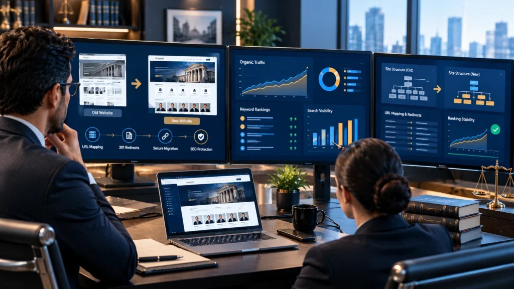 Law firm website migration with SEO rankings, URL mapping, redirects, and organic traffic protection