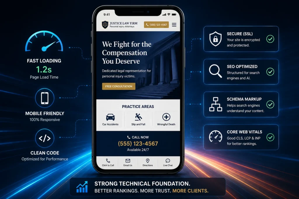Law firm website performance showing fast loading, mobile responsiveness, SSL security, and SEO optimization