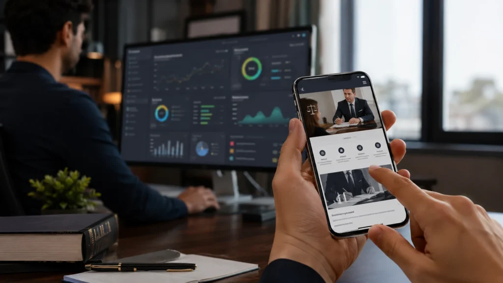 Law firm website speed and Core Web Vitals performance displayed on a smartphone with SEO analytics dashboard
