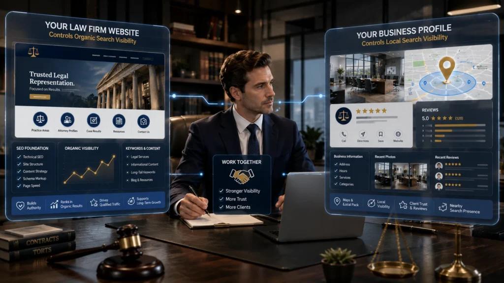 Law firm website and Google Business Profile working together to improve organic and local search visibility