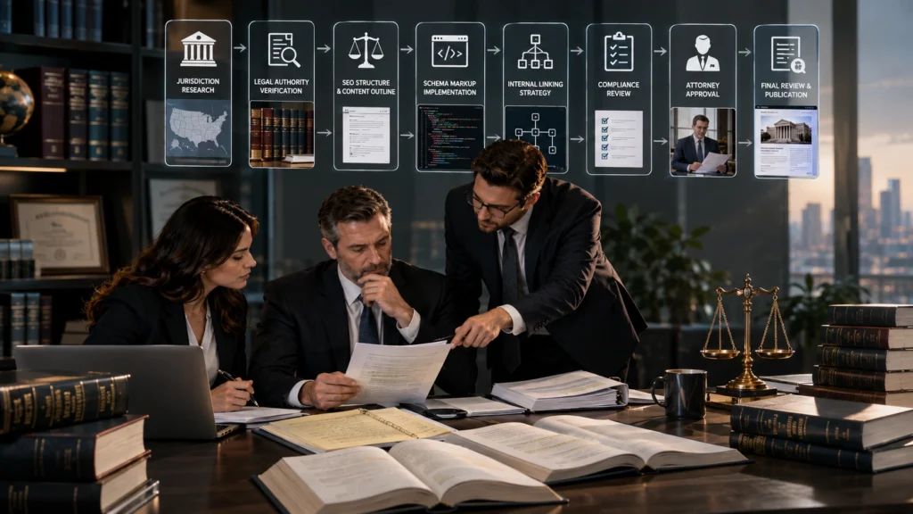 Attorney and legal content specialists reviewing practice area content with legal research, SEO quality control, compliance checks, and attorney approval