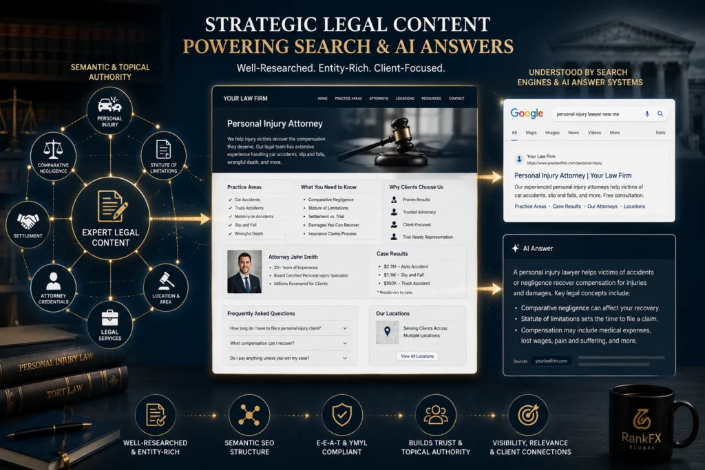 Legal content strategy connecting semantic SEO with Google search and AI answer engines