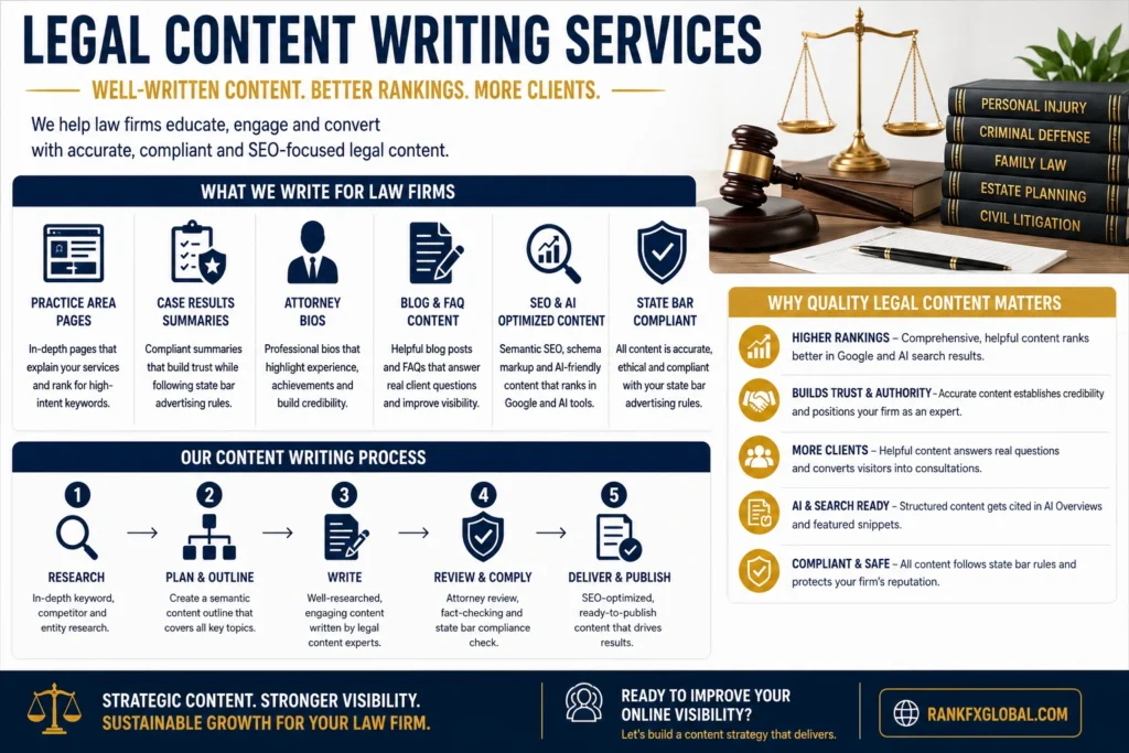 Legal content writing services infographic showing SEO-optimized legal content, practice area pages, attorney bios, case results, compliance, AI search visibility and law firm growth