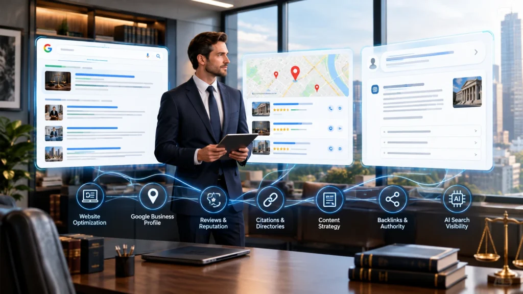 Legal search engine optimization strategy showing a law firm website, Google Business Profile, local map pack, and AI search visibility