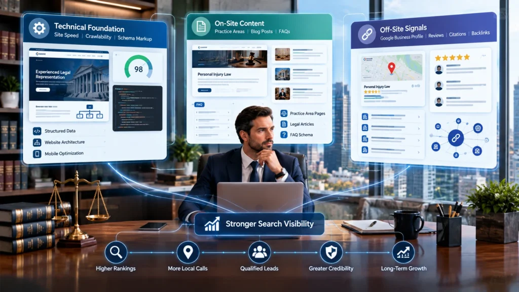Legal search engine optimization showing technical SEO, on-site content, and off-site signals for a law firm