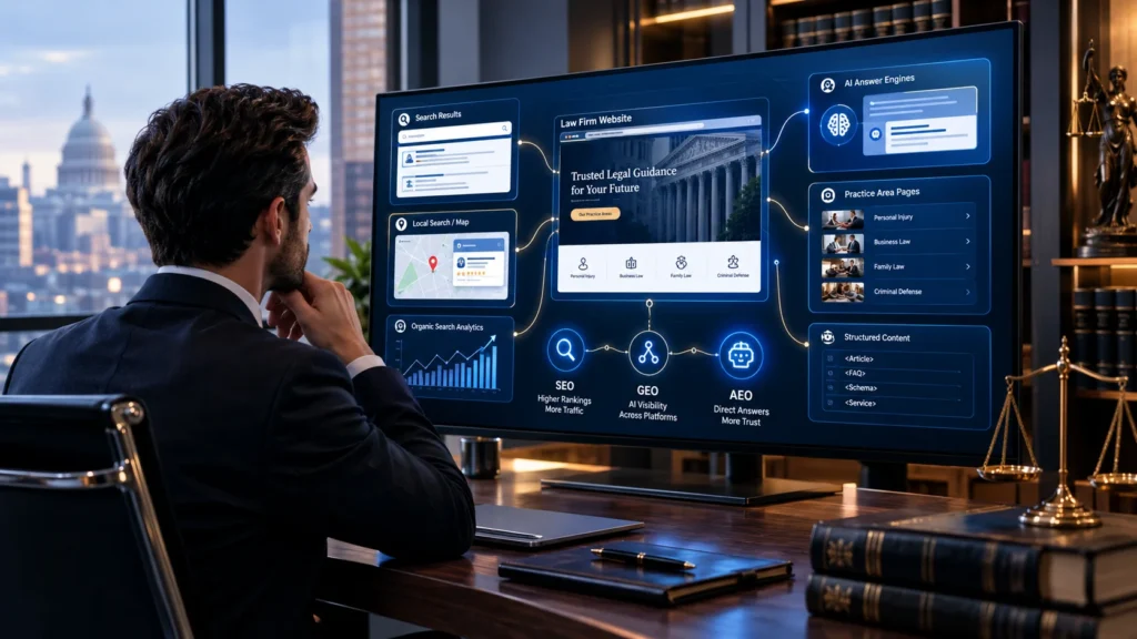 Legal SEO, GEO and AEO dashboard showing law firm website search, AI visibility, local search and organic analytics