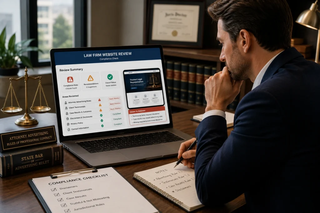 Attorney reviewing law firm website advertising compliance and legal website design risks