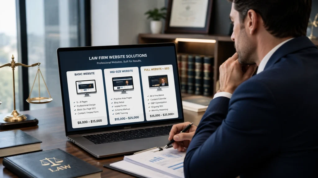 Attorney reviewing legal website design agency pricing for a law firm website