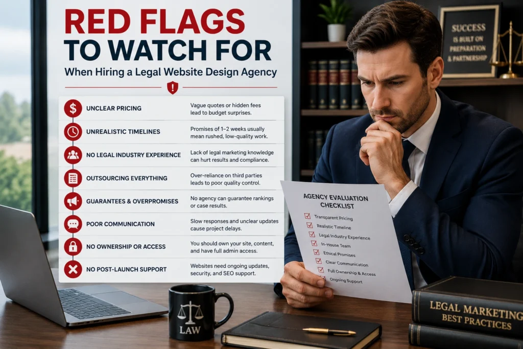 Law firm owner reviewing legal website design agency red flags and evaluation checklist