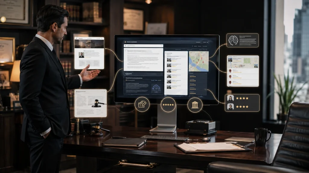 Attorney reviewing a digital local SEO dashboard showing law firm website content, Google Business Profile signals, local map results, client reviews, and AI search visibility