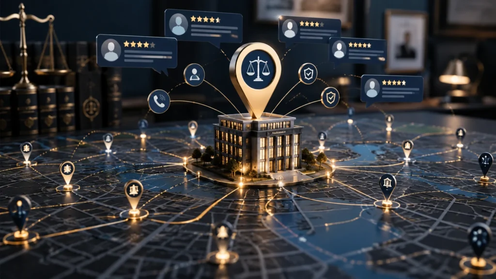 Local SEO for attorneys showing a law firm office on a city map with a location marker, client reviews, local citations, nearby clients, and Map Pack visibility signals