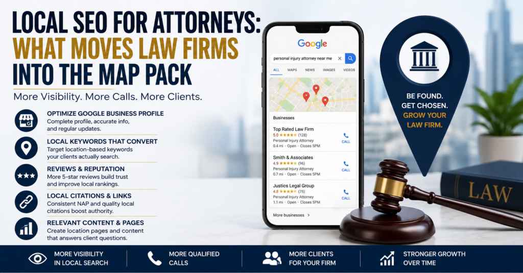 Local SEO for attorneys showing Google Business Profile optimization, local keywords, reviews, citations, and law firm visibility in the Google Map Pack