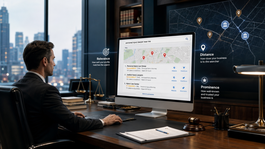 Local SEO for attorneys showing a law firm competing in the Google Map Pack