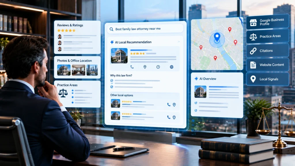 Local SEO for law firms showing AI local search, AI Overviews, Google Business Profile, reviews, and local ranking signals