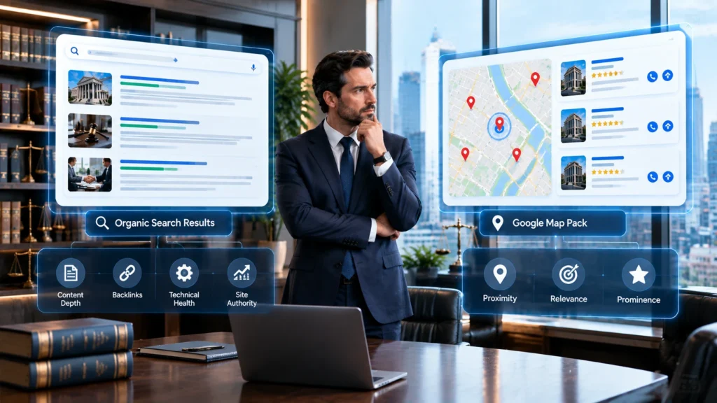 Local SEO for law firms showing organic search rankings, Google Map Pack, proximity, relevance, and prominence