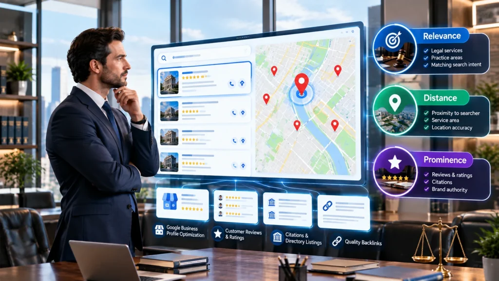 Local SEO for law firms showing relevance, distance, prominence, reviews, citations, backlinks, and local ranking factors