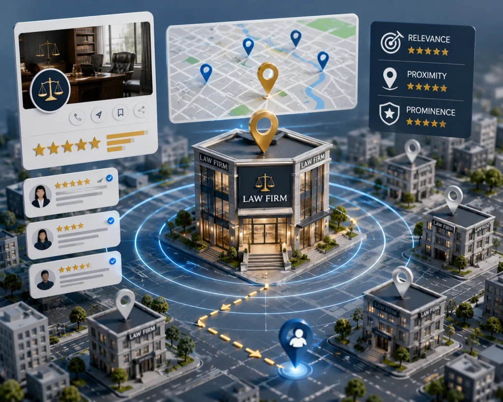 Local SEO for lawyers showing Google Business Profile, map rankings, reviews, relevance, proximity, and prominence